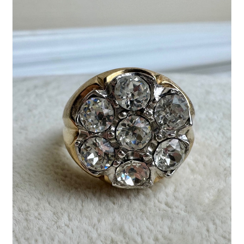 14KT Gold Plated GE Mens Cluster Statement Ring Sz 14.25 Rhinestone Silver Tone